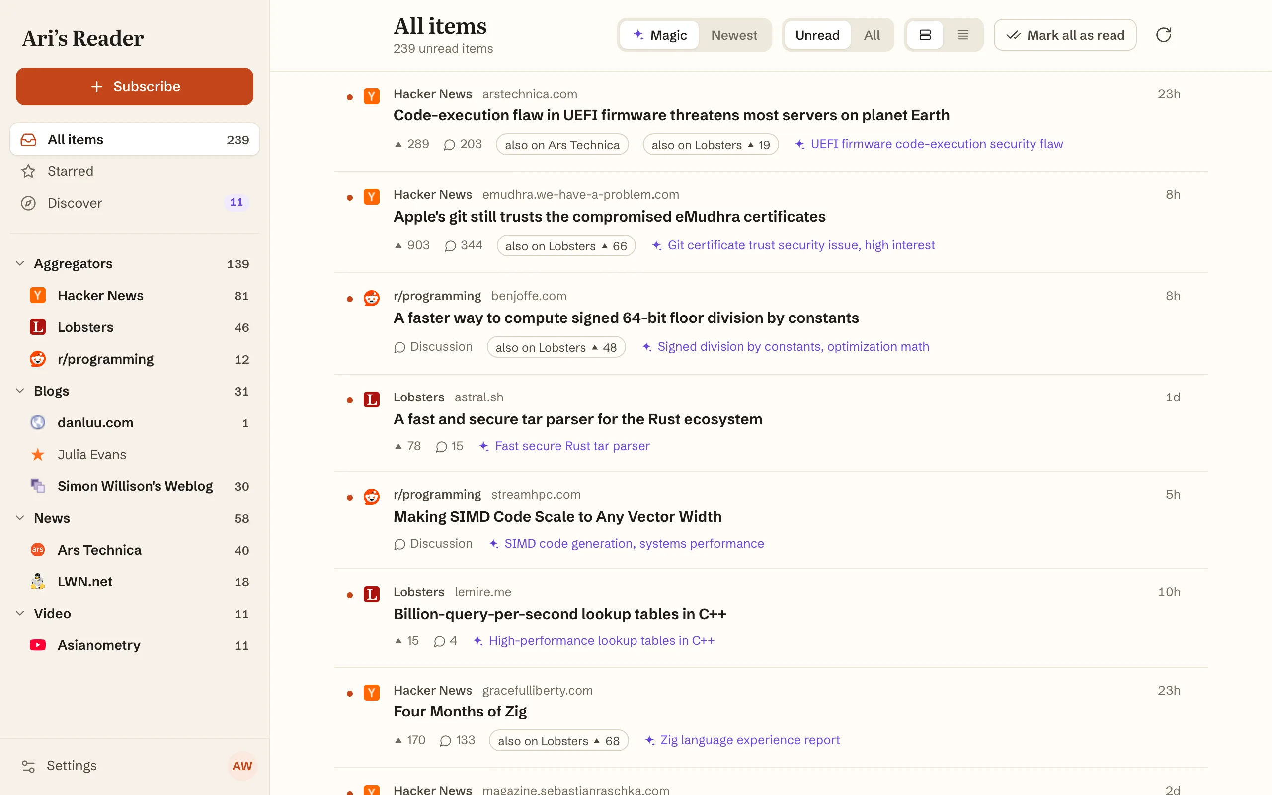 Ari's Reader showing All items sorted by Magic: a sidebar of folders (Aggregators, Blogs, News, Video) and a list of stories from Hacker News, Reddit, and other aggregators, each with its score, comments, "also on" chips, and a short purple reason such as "UEFI firmware code-execution security flaw".