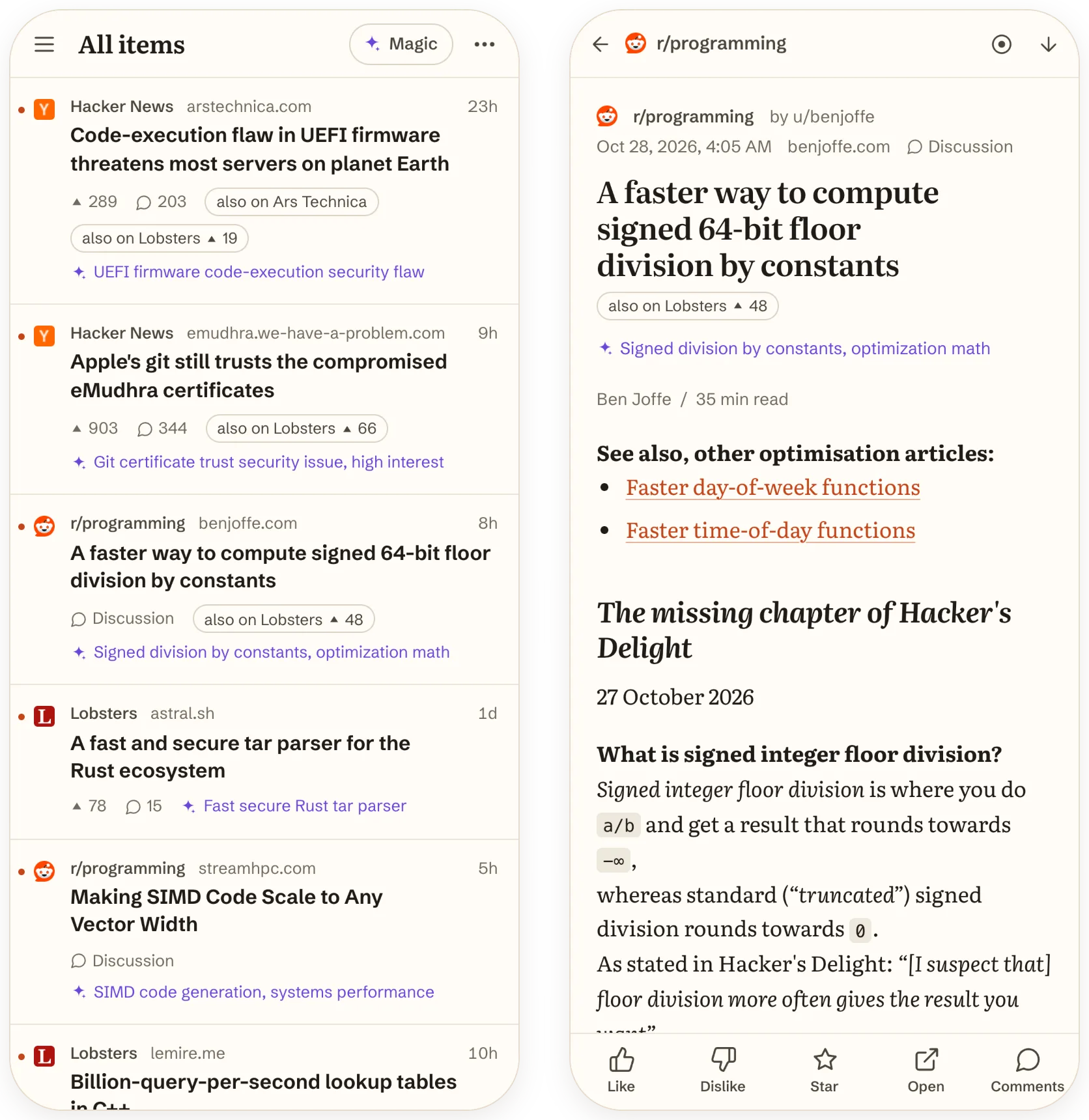 Two phone screens: the All items list in Magic order, and a full-screen article with Like, Dislike, Star, Open, and Comments along the bottom.